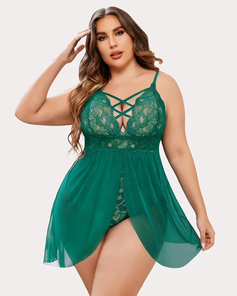 Plus Size Snap Crotch V Neck Lace Nighty