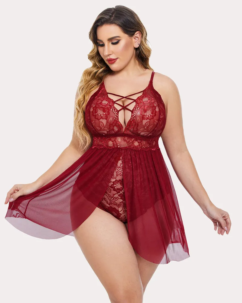 Plus Size Snap Crotch V Neck Lace Nighty