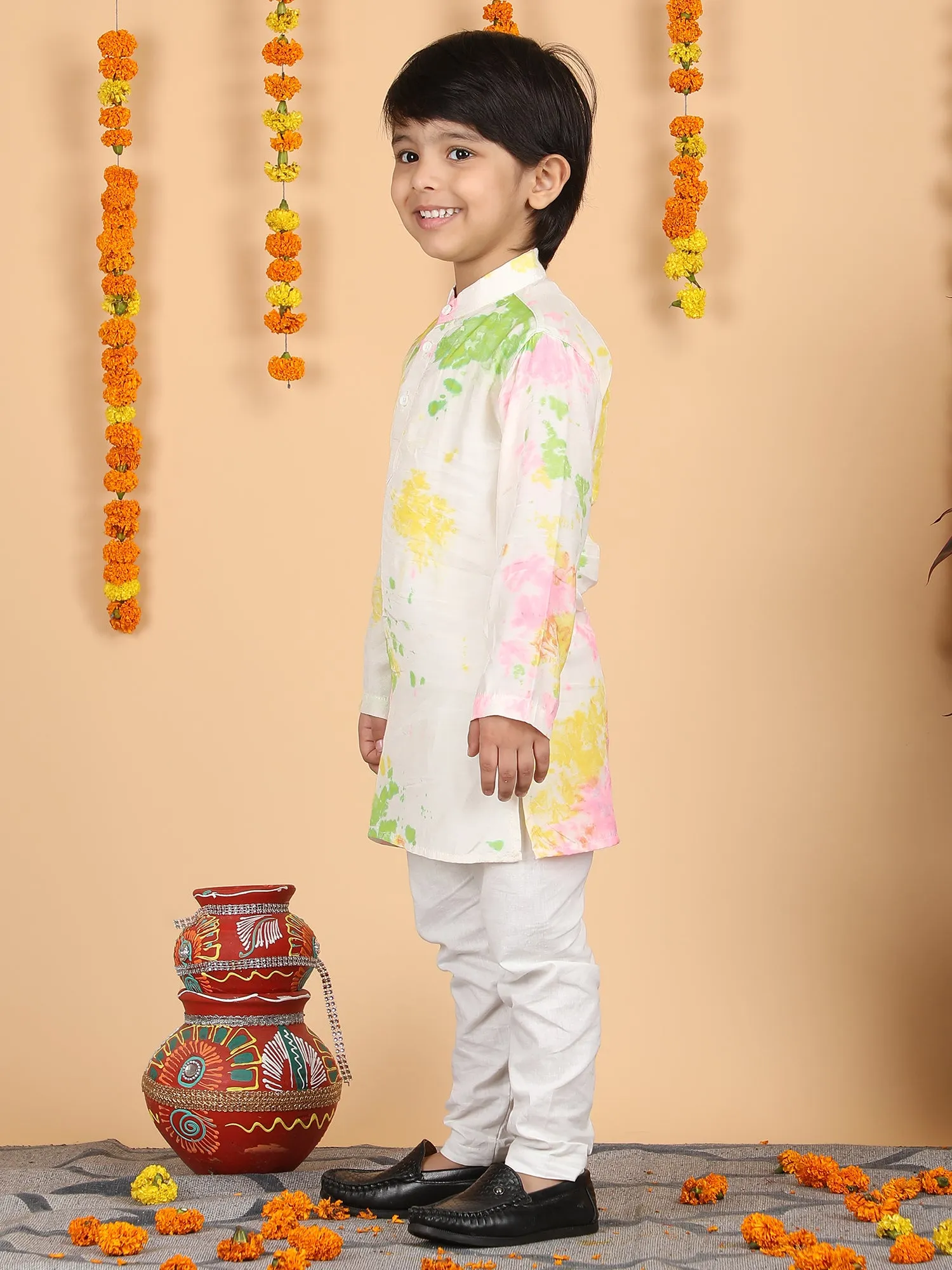 Polka Tots Full Sleeve Splash print Ethnic Kurta Pyjama Set - Multicolor