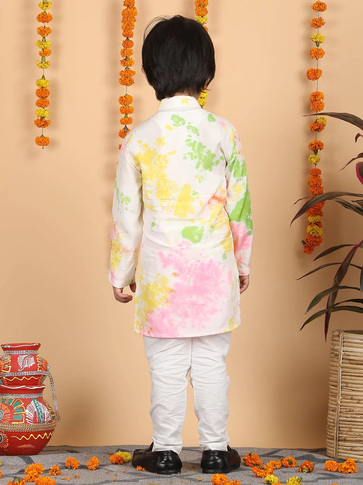 Polka Tots Full Sleeve Splash print Ethnic Kurta Pyjama Set - Multicolor