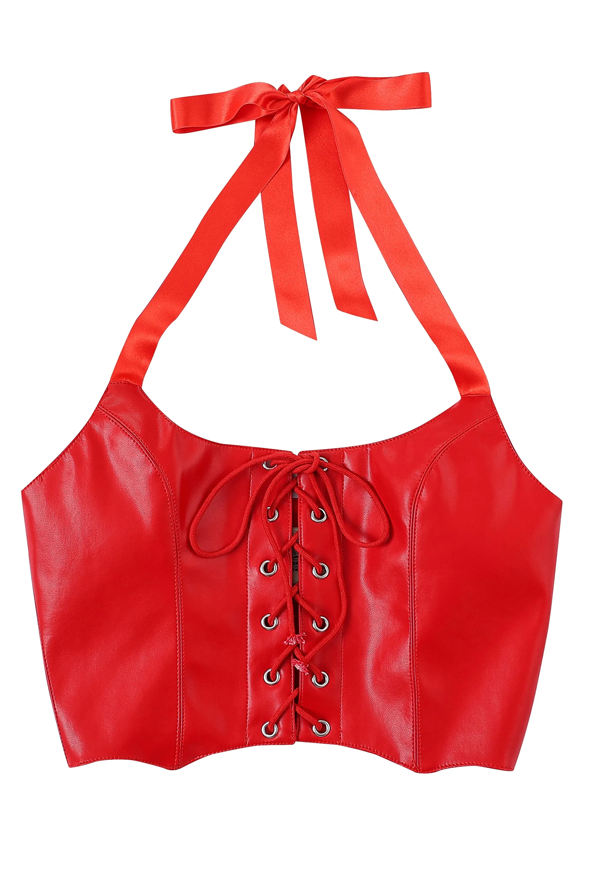 Red Faux Plant Leather Lace Up Halter Top