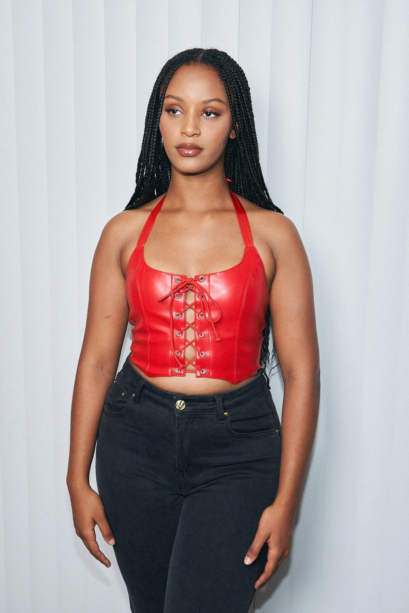 Red Faux Plant Leather Lace Up Halter Top