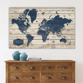 Rustic Wood Grain Push Pin World Map on Canvas - 1 Panel