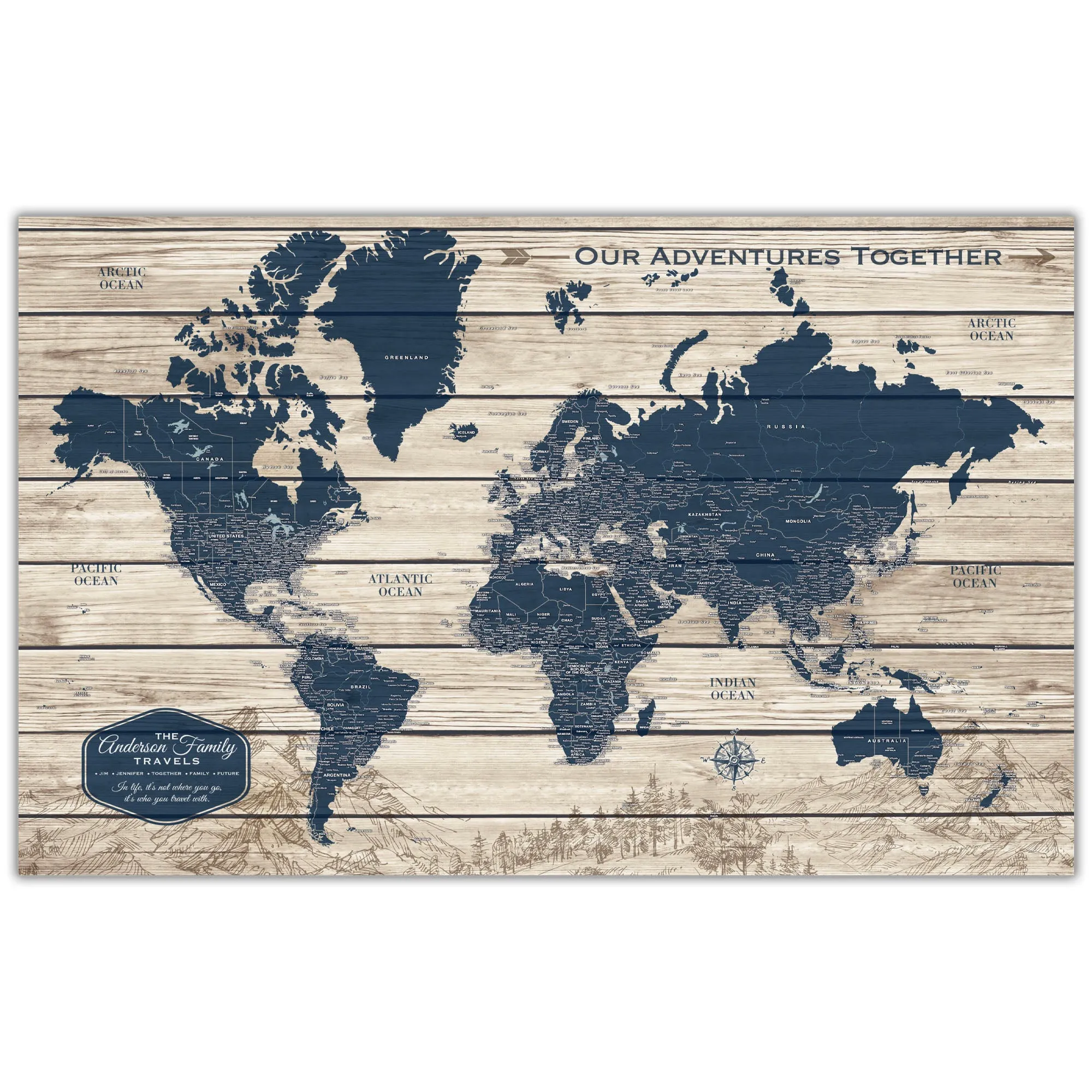 Rustic Wood Grain Push Pin World Map on Canvas - 1 Panel