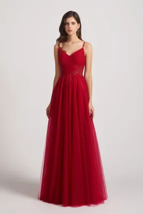 Spaghetti Straps V-Neck Tulle Bridesmaid Dresses with Appliques (AF0068)