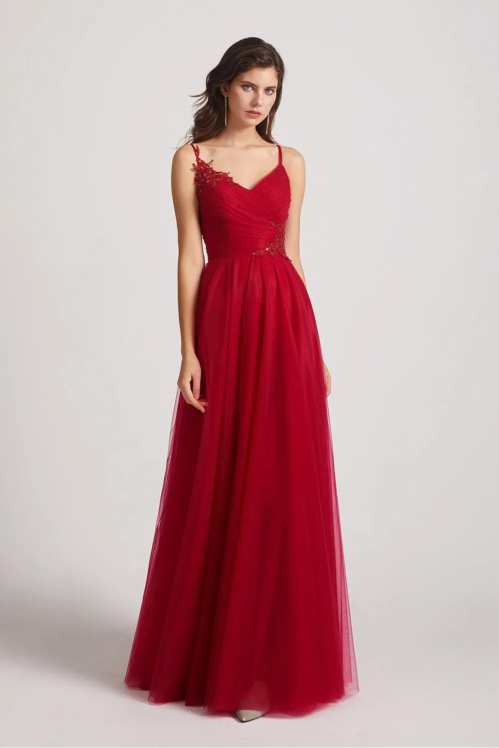 Spaghetti Straps V-Neck Tulle Bridesmaid Dresses with Appliques (AF0068)