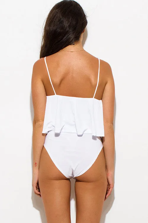 THE MYSTYLEMODE WHITE RUFFLE SPAGHETTI STRAP BODYSUIT