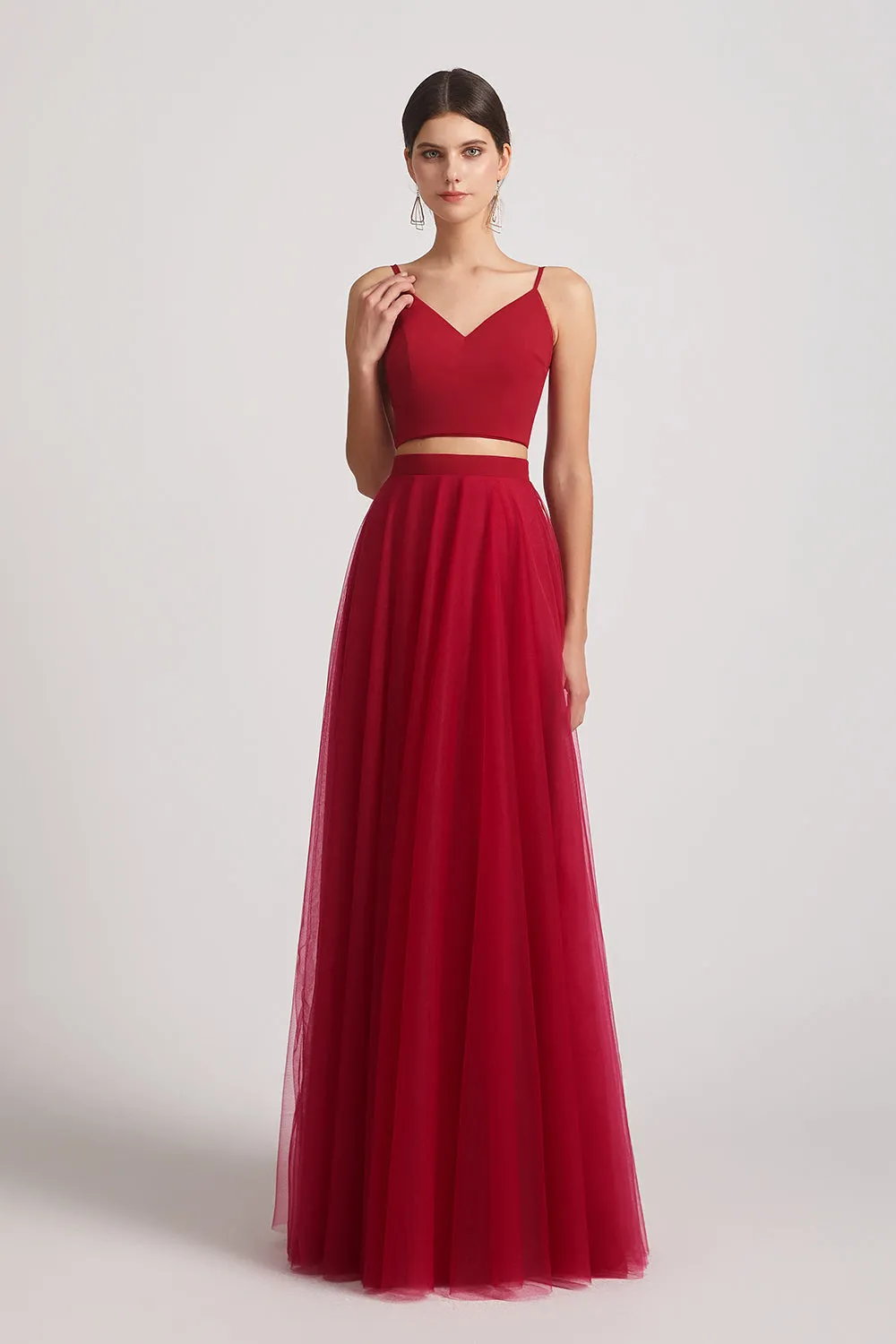 Two Pieces V-Neck Spaghetti Straps A-Line Tulle Prom Dresses (AF0181)