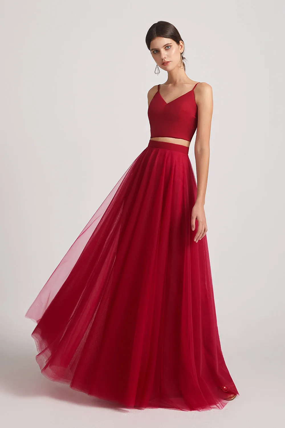 Two Pieces V-Neck Spaghetti Straps A-Line Tulle Prom Dresses (AF0181)