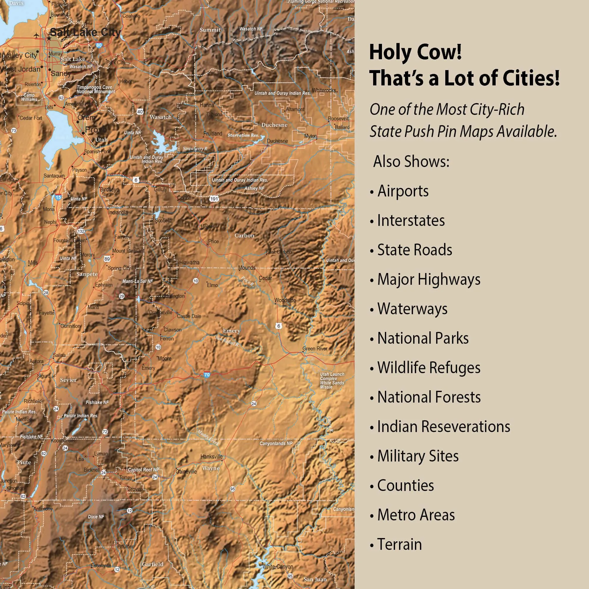 Utah Push Pin Terrain Map