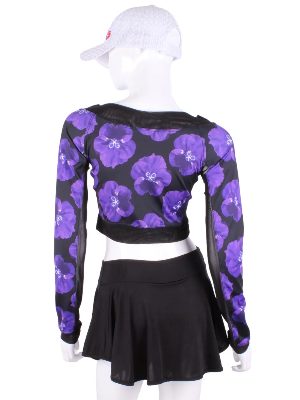 Vee Crop Top Purple Pansy   Black Mesh