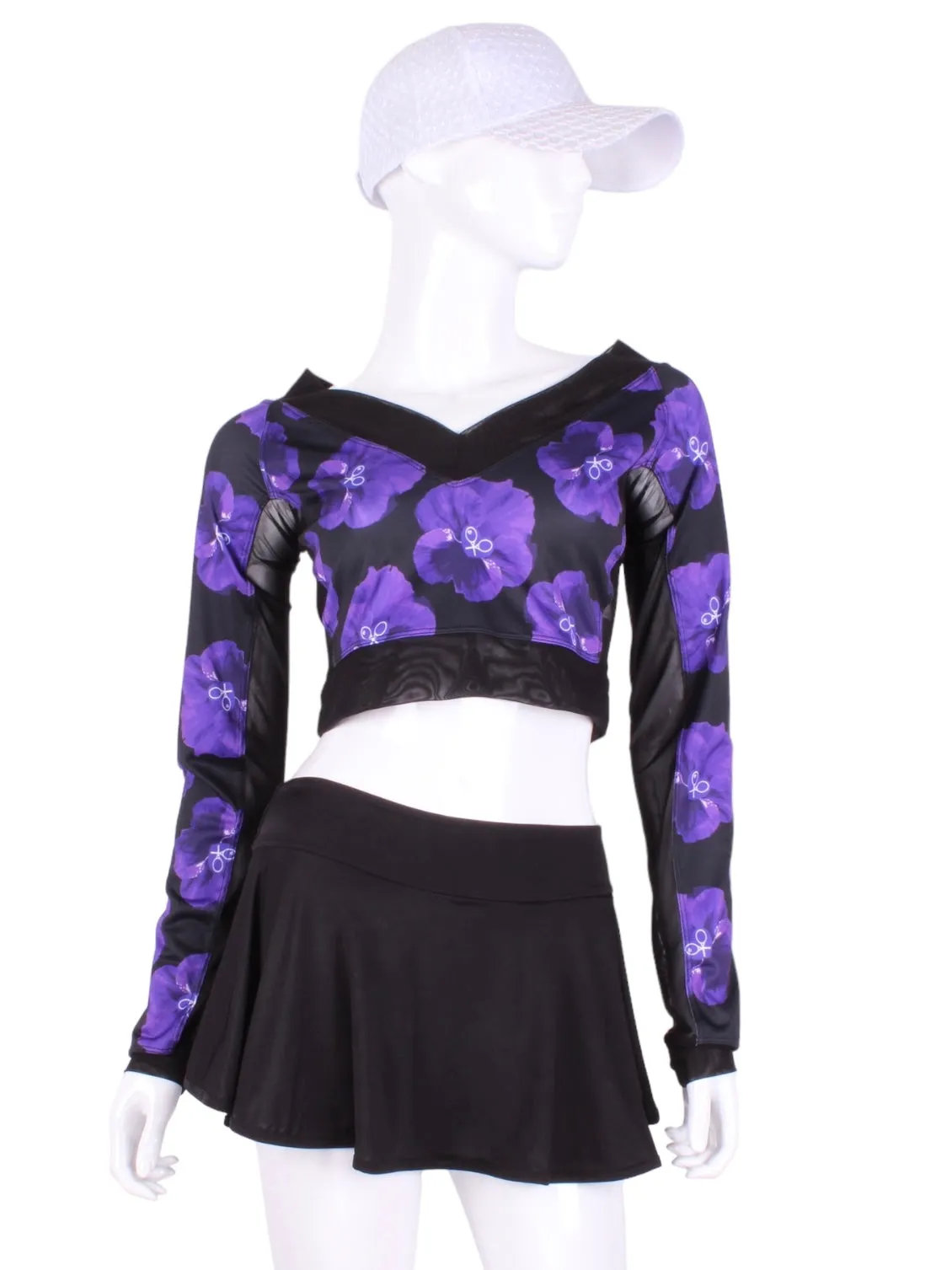 Vee Crop Top Purple Pansy   Black Mesh