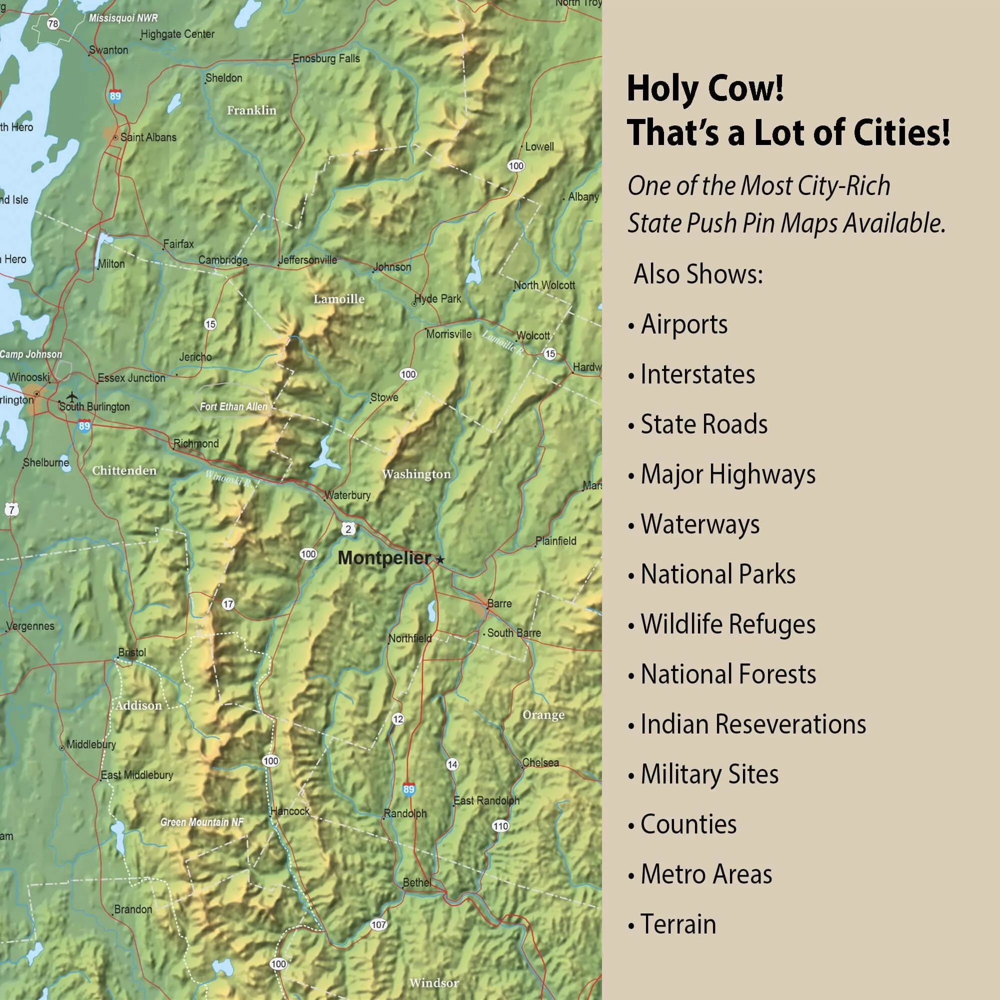 Vermont Push Pin Terrain State Map