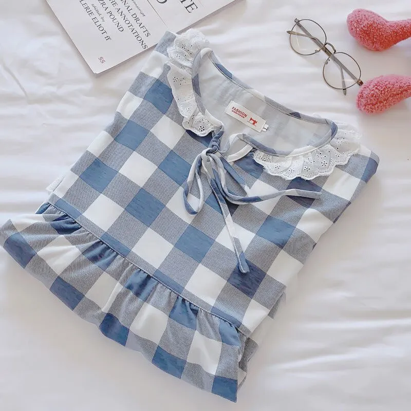 Wenkouban Nightgowns Women Plaid Sweet Bow Knot Collar Mid-Long Sleepshirt For Girls Homewear Breathable High Quality Soft Fashion Korean