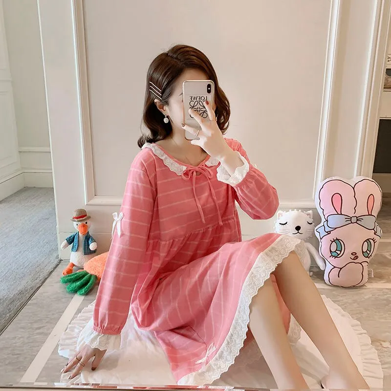 Wenkouban Nightgowns Women Plaid Sweet Bow Knot Collar Mid-Long Sleepshirt For Girls Homewear Breathable High Quality Soft Fashion Korean