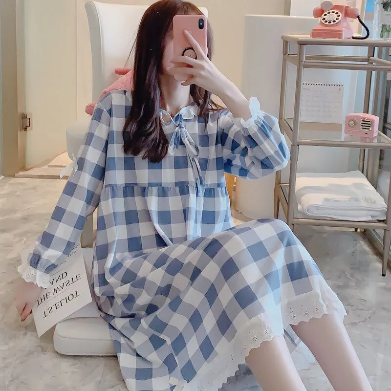 Wenkouban Nightgowns Women Plaid Sweet Bow Knot Collar Mid-Long Sleepshirt For Girls Homewear Breathable High Quality Soft Fashion Korean