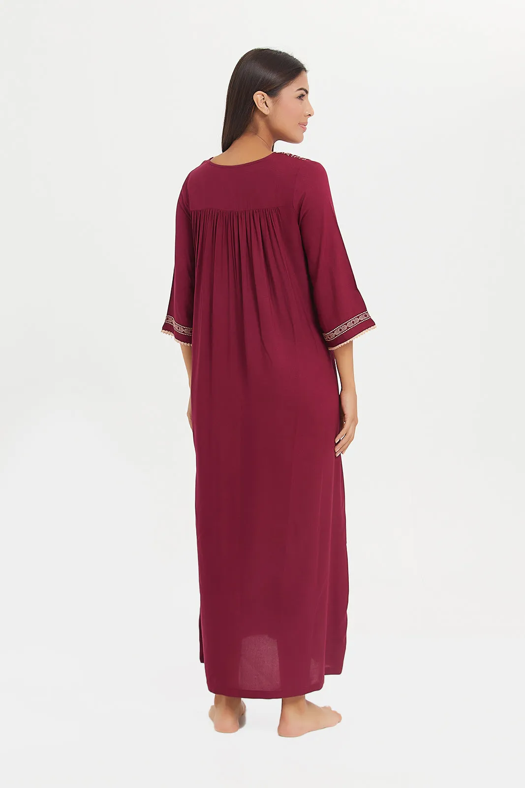 Women Burgundy Embroidery Nightgown