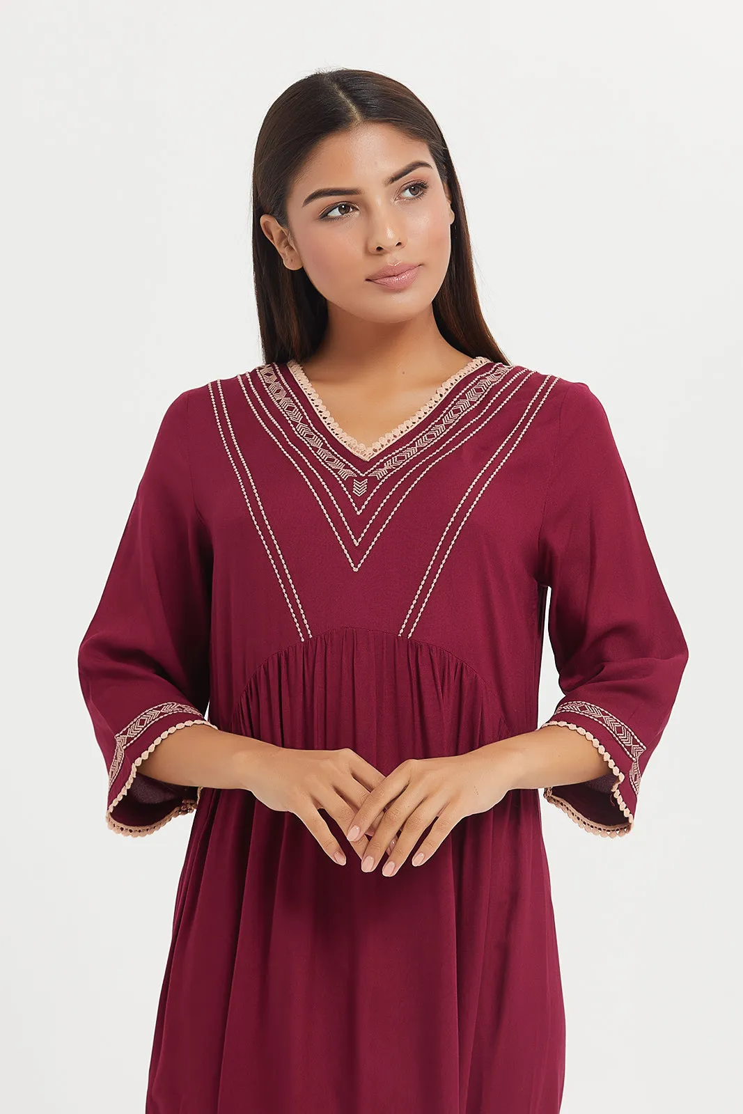 Women Burgundy Embroidery Nightgown