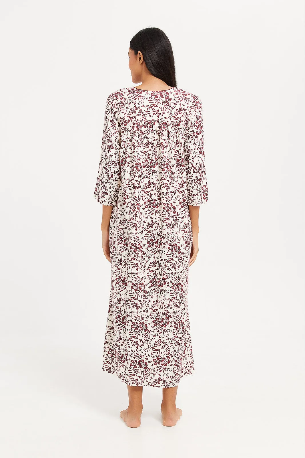 Women Cream And Burgundy Printed Nightgown