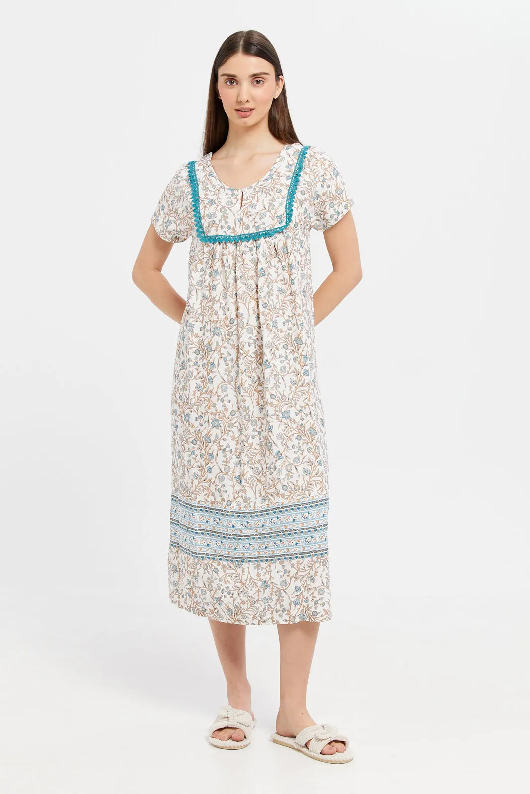 Women Ivory Printed Border Bib Nightgown