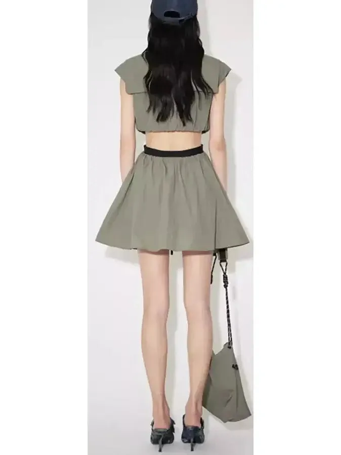 Women’s Backless Cut-Out Olive Green Flared Mini Dress