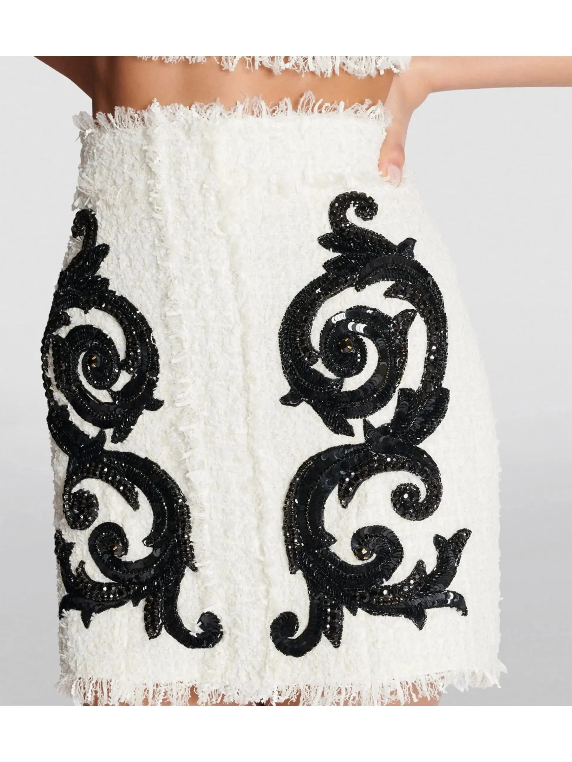 Women’s Black and White Paisley Tweed Skirt with Sequin Embroidery