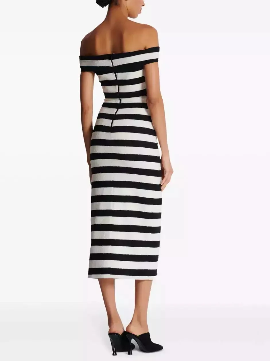 Women’s Black and White Striped Off-Shoulder Crop Top and Skirt Set