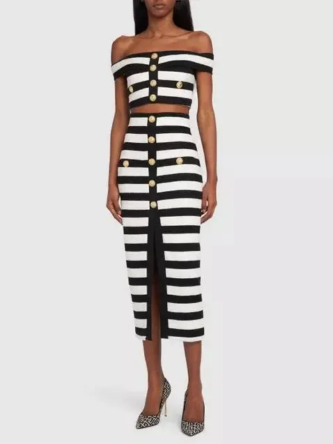 Women’s Black and White Striped Off-Shoulder Crop Top and Skirt Set