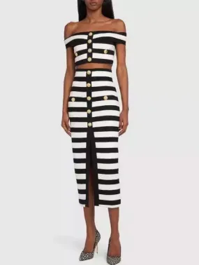 Women’s Black and White Striped Off-Shoulder Crop Top and Skirt Set