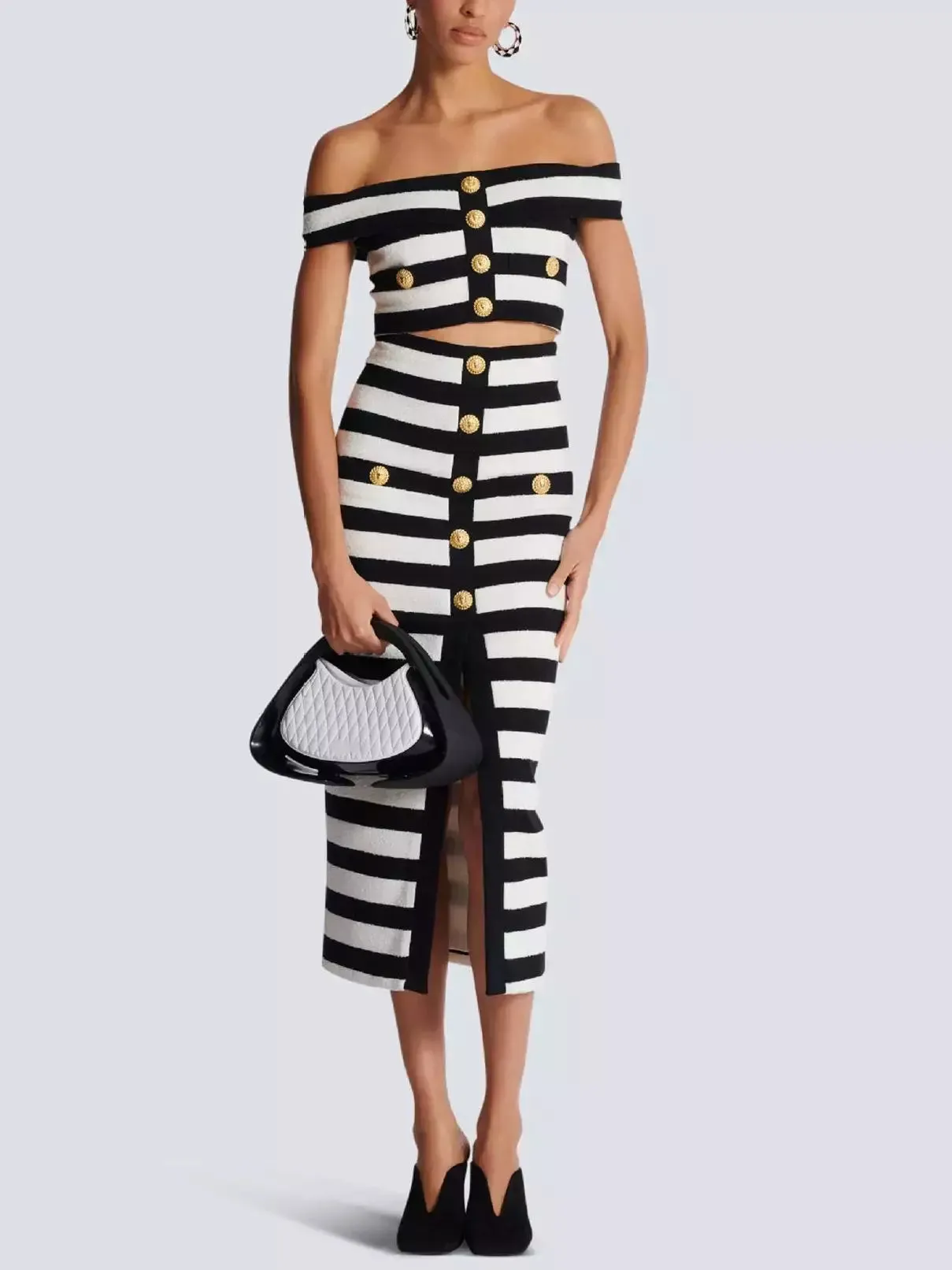 Women’s Black and White Striped Off-Shoulder Crop Top and Skirt Set