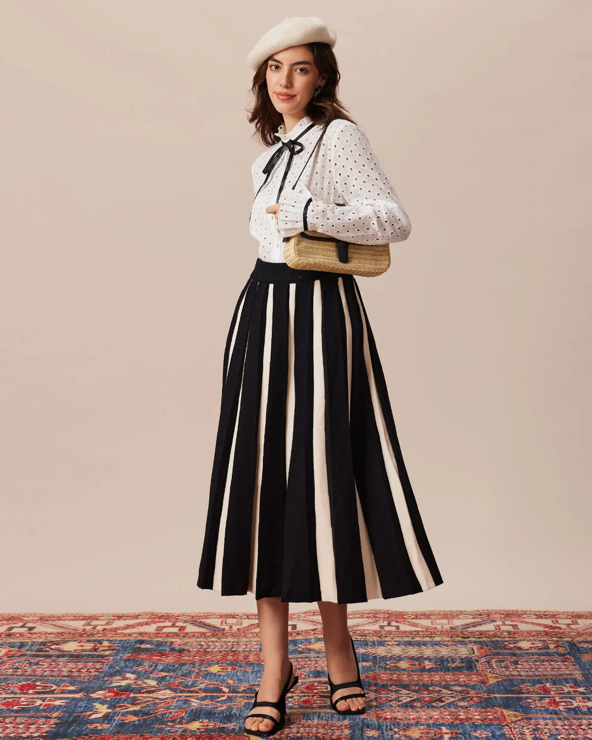 Women's Black Striped Knitted Midi Skirt