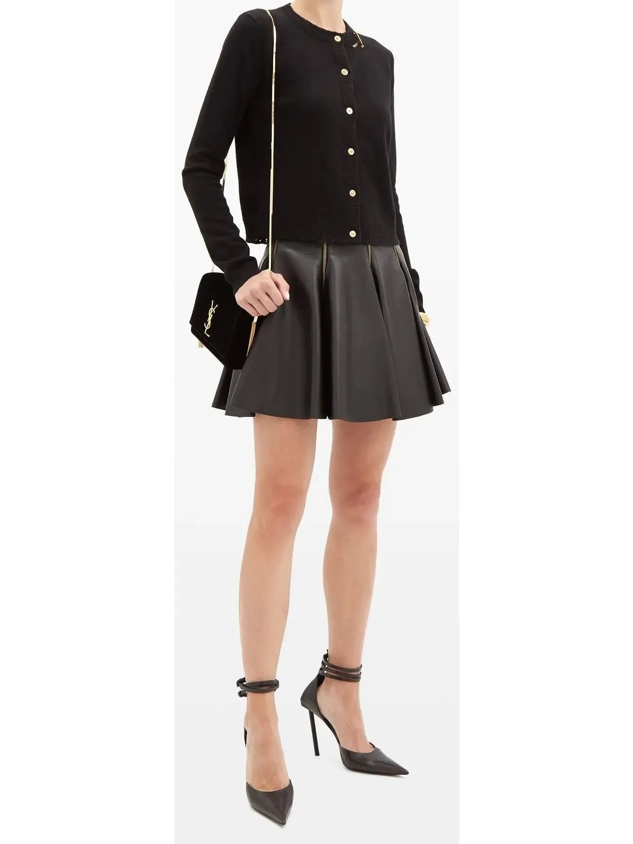 Women’s Black Zip-Embellished Pleated Leather Mini Skirt