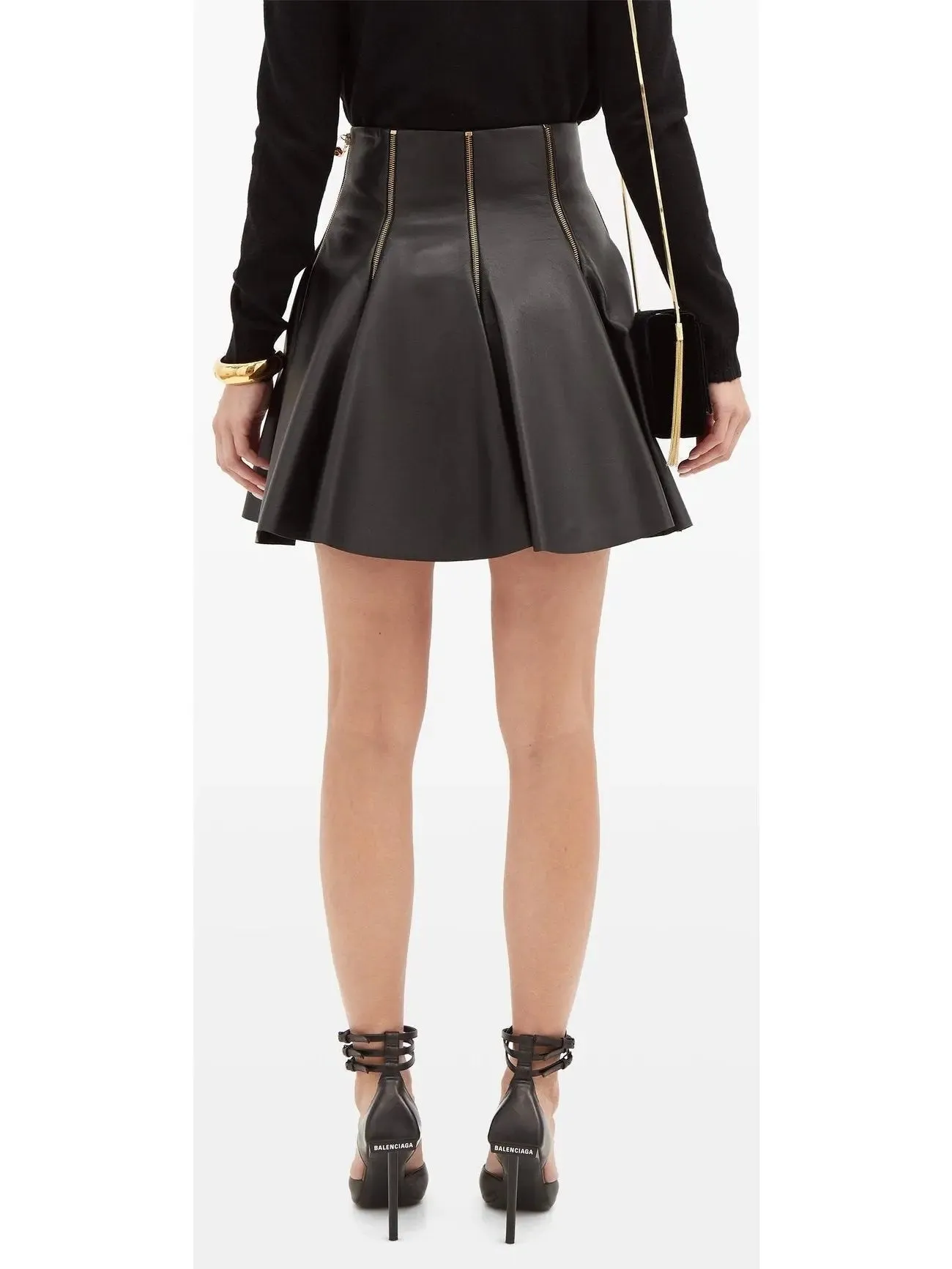 Women’s Black Zip-Embellished Pleated Leather Mini Skirt