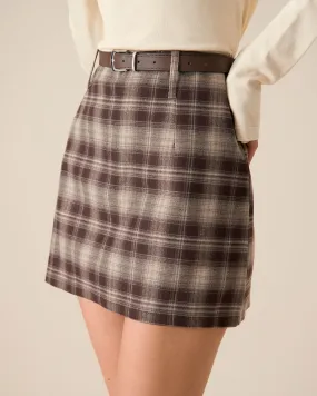 Women's Brown Plaid Straight Mini Skirt