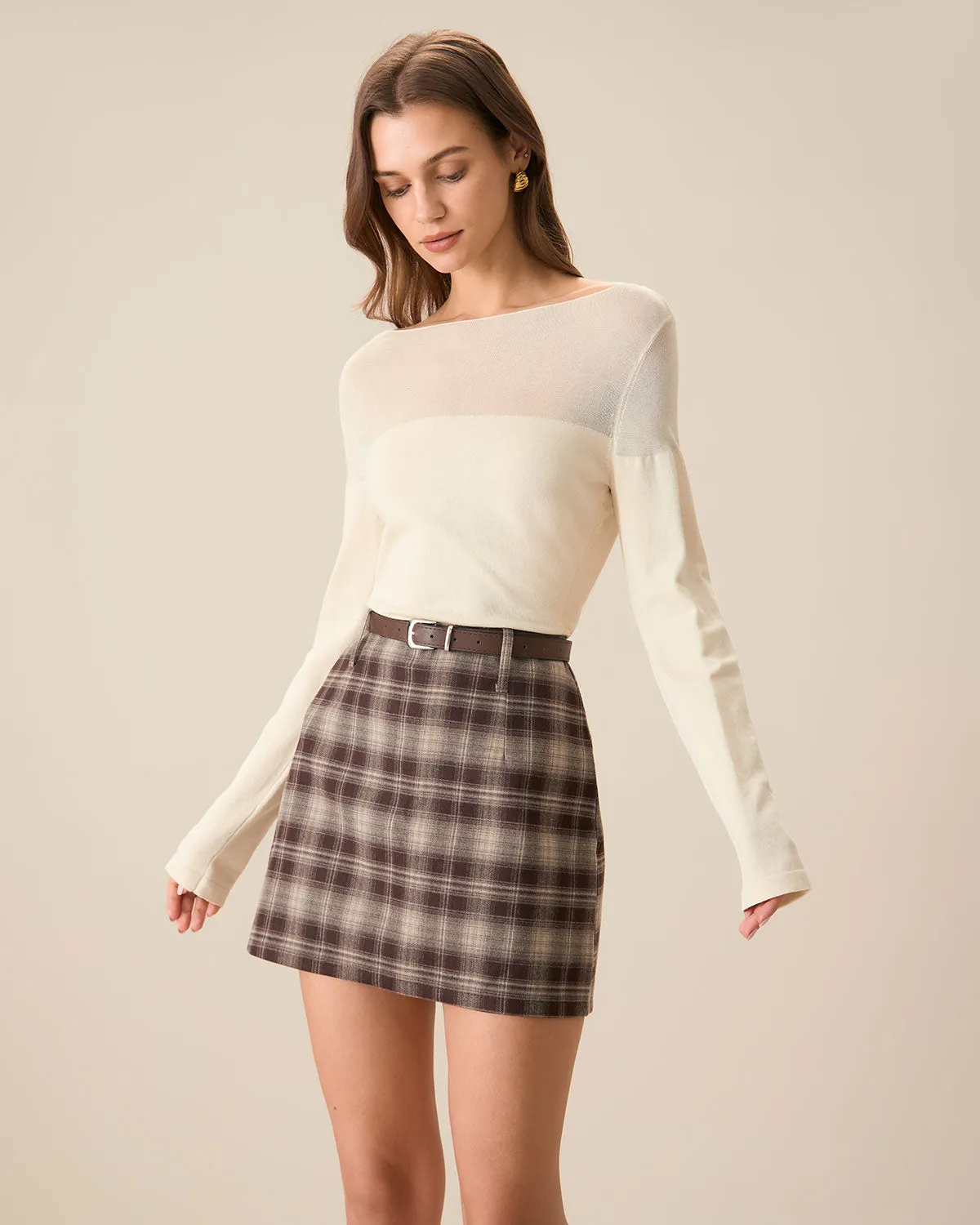 Women's Brown Plaid Straight Mini Skirt