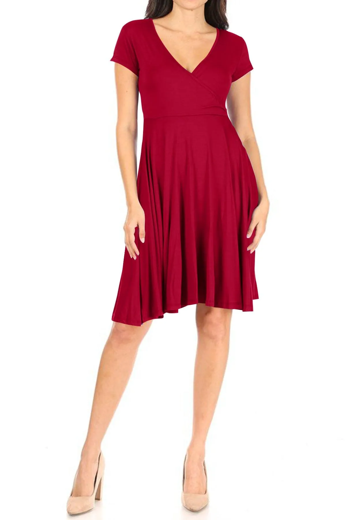 Women's Casual Stretch Flared Swing V-Neck Short Sleeve Midi Dress