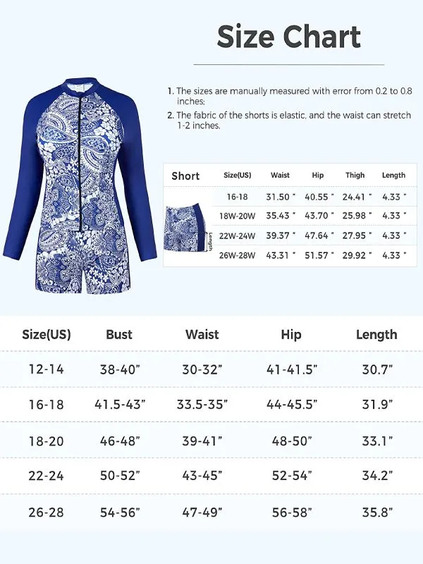 Women's Plus Size Two Piece Rash Guard Swimsuit Zip Front Bathing Suit with Boyshorts